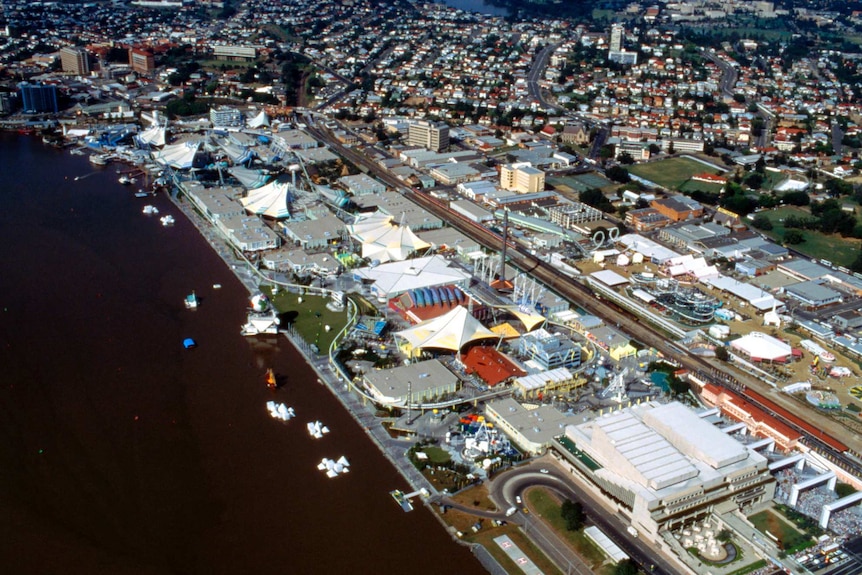 Aerial shot of Expo 88 by the Brisbane River