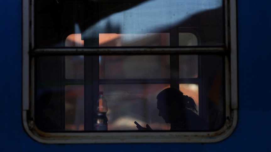 The silhouette of a woman looking at a mobile phone can be seen through a train window.