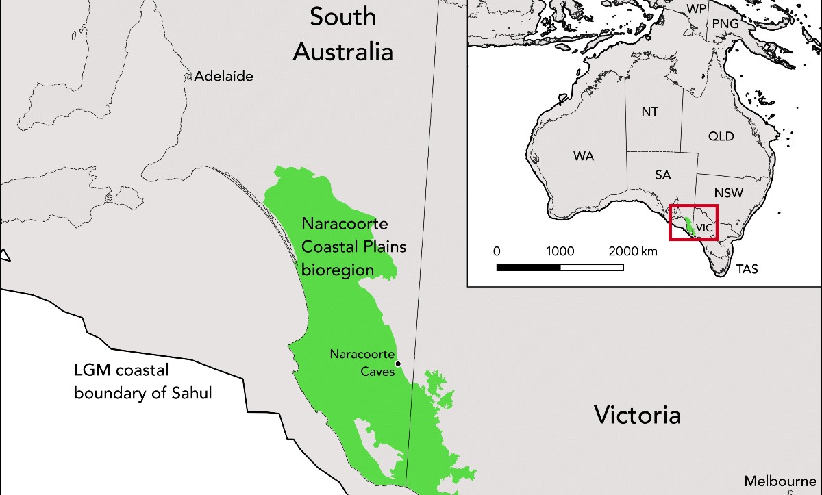 Map of the ancient Sahul continent and the Naracoorte Coastal Plains Bioregion.