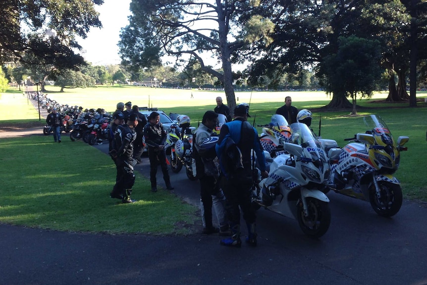 Police officers getting ready to ride to Canberra in during a police memorial ride.