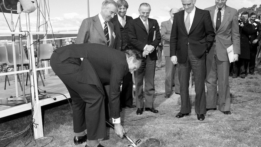 Prime Minister Malcolm Fraser turns the first sod of earth for the new Parliament House, 1980.