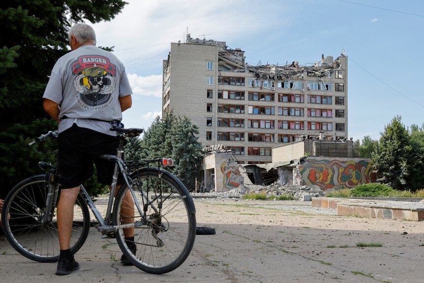 A view shows a hotel building recently hit by shelling in Donetsk.