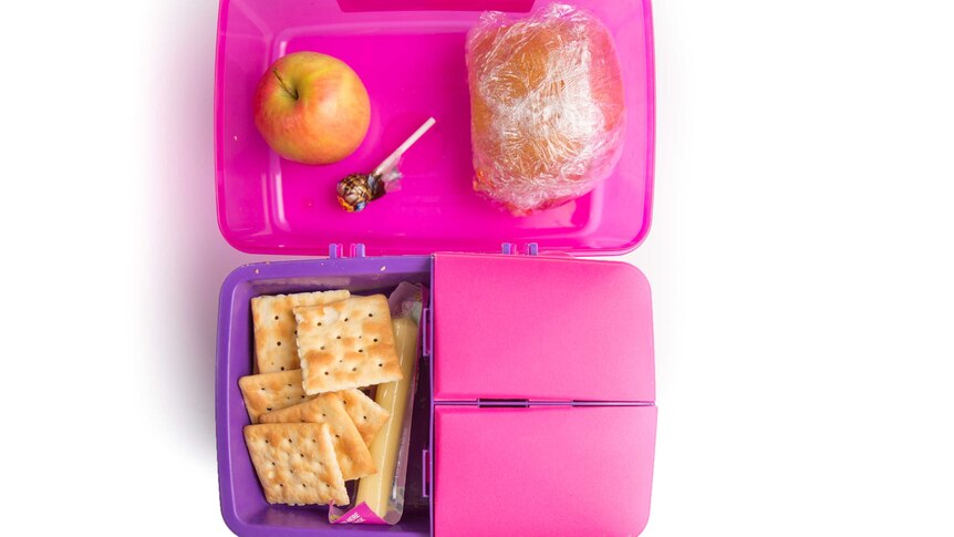 A vegemite roll, apple, crackers, cheese stick and a cola lolly pop in a purple and pink lunch box.