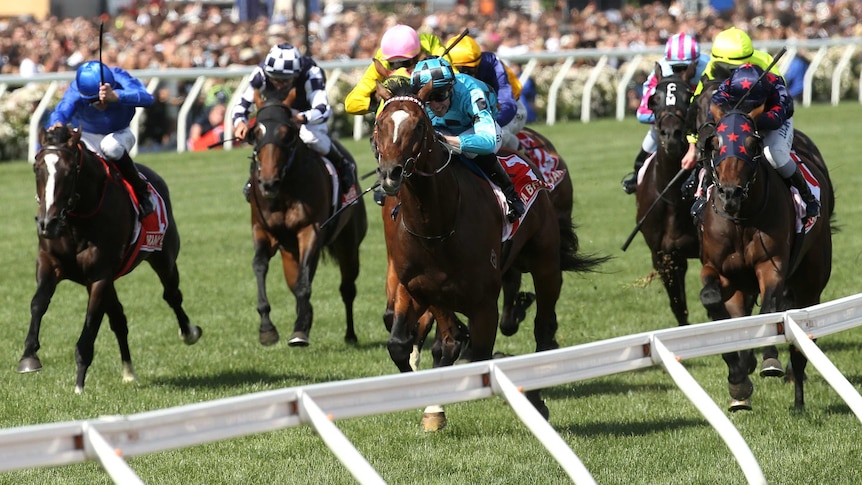 Extra Brut ridden by John Allen (blue check cap, centre) wins the Victoria Derby at Flemington.