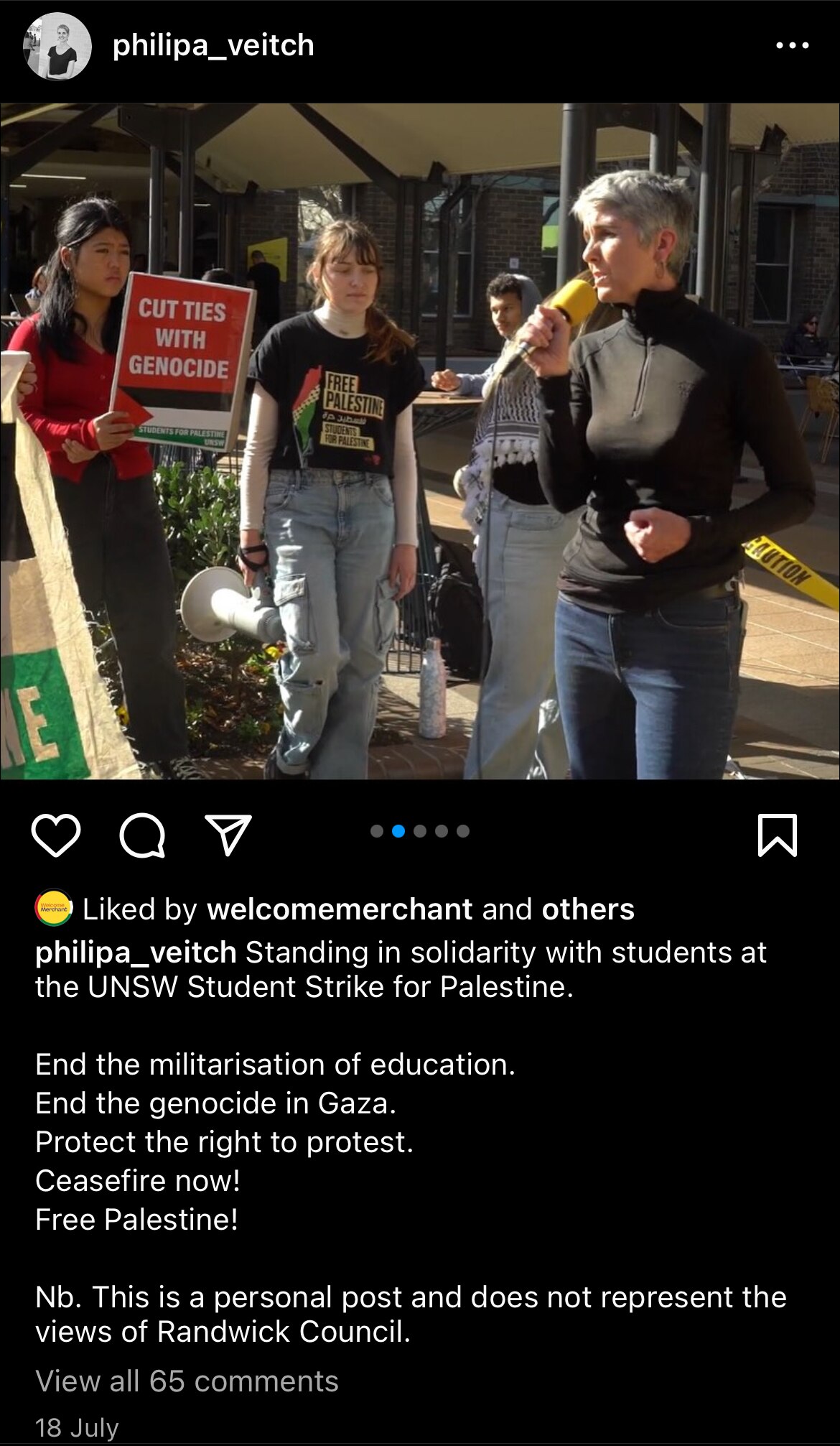 an Instagram post showing a photo of a woman speaking into a microphone at a rally with a caption