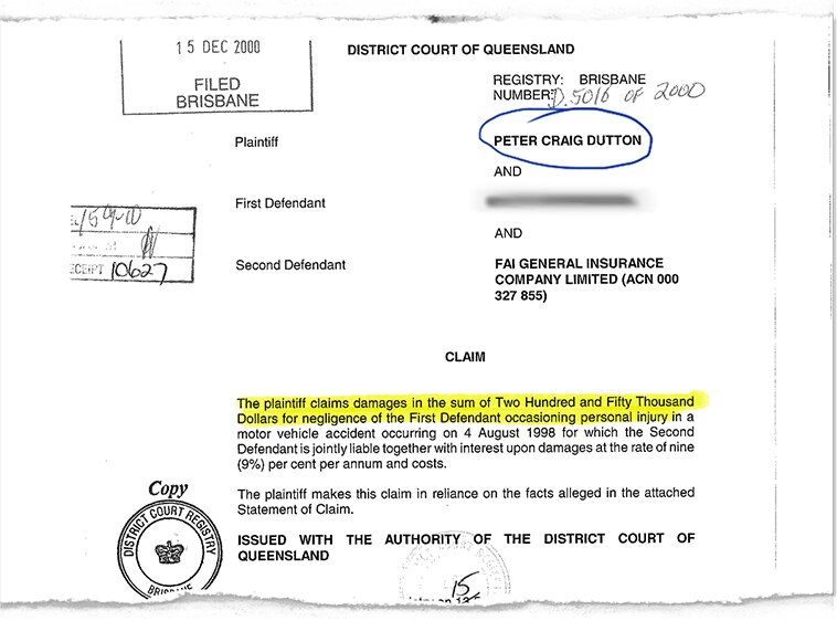 Collage of legal documents pertaining to Peter Dutton's car accident while on duty as a police officer