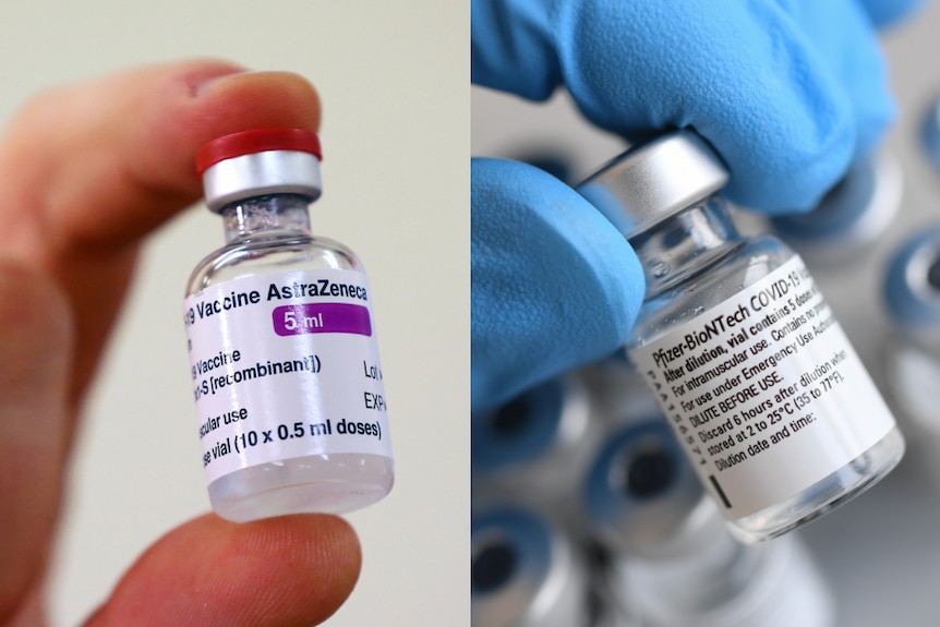 A composite images shows two vials of vaccine, one labelled AstraZeneca, the other Pfizer.