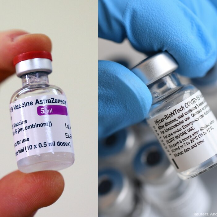 A composite images shows two vials of vaccine, one labelled AstraZeneca, the other Pfizer.