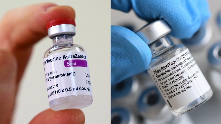 A composite images shows two vials of vaccine, one labelled AstraZeneca, the other Pfizer.