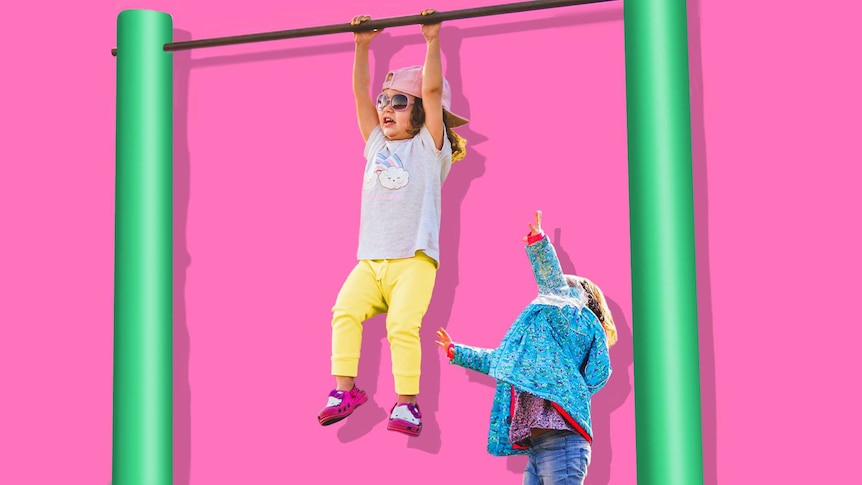 Small child reaches for the monkey bar above her, where another child swings happily to depict when to send kids to school