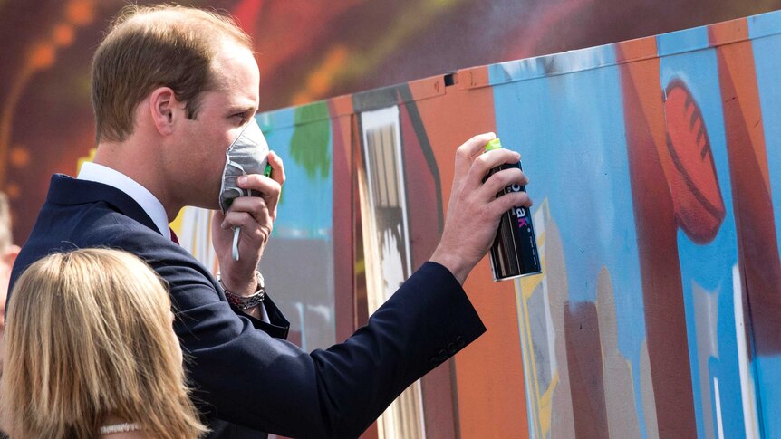 The Duke of Cambridge helps create street art at The Northern Sound System in Elizabeth, Adelaide.