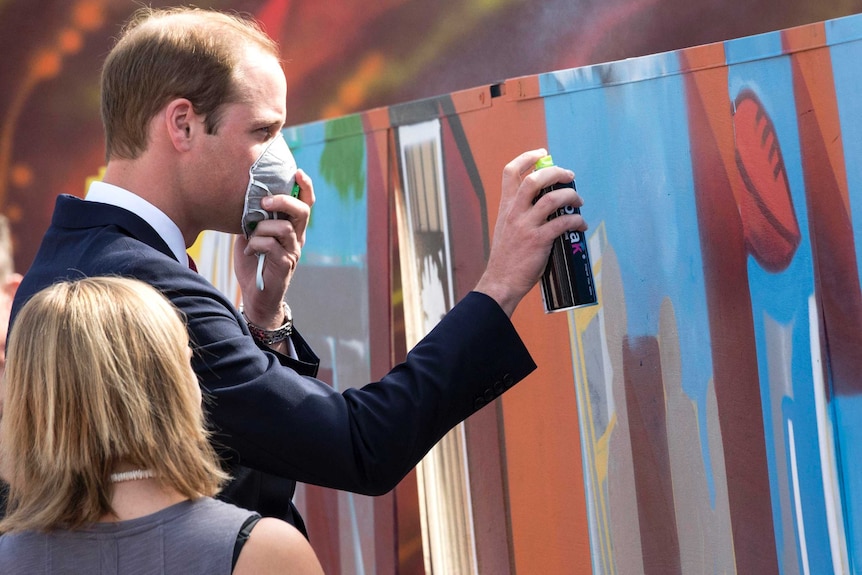 The Duke of Cambridge helps create street art at The Northern Sound System in Elizabeth, Adelaide.