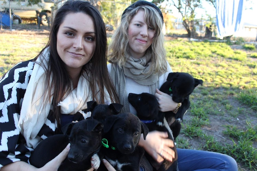 Two women sit on the grass holding black puppies in their laps and smile at the camera