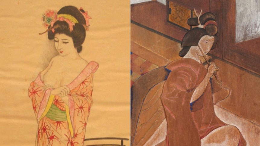 Artworks of women wearing Japanese traditional kimonos.
