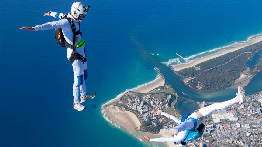 Archie Jamieson and Alana Bertram skydive over the Gold Coast.