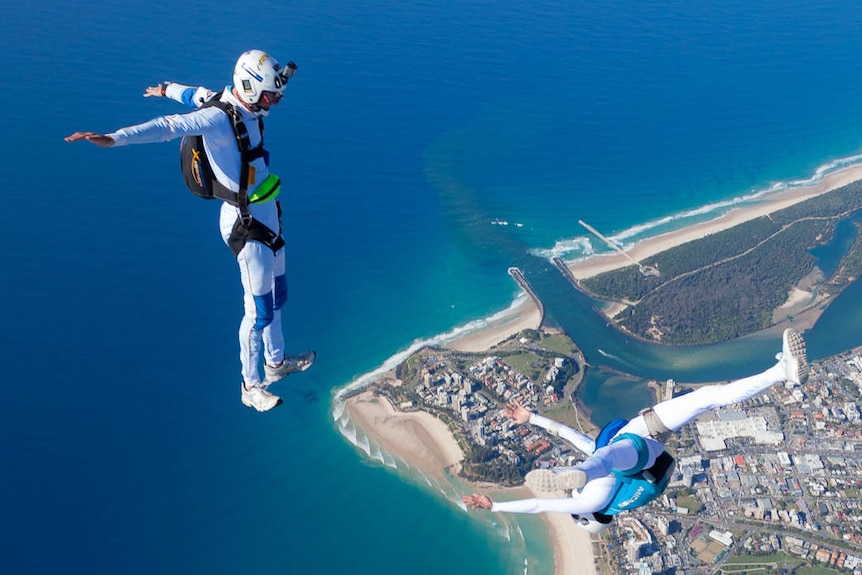 Archie Jamieson and Alana Bertram skydive over the Gold Coast.