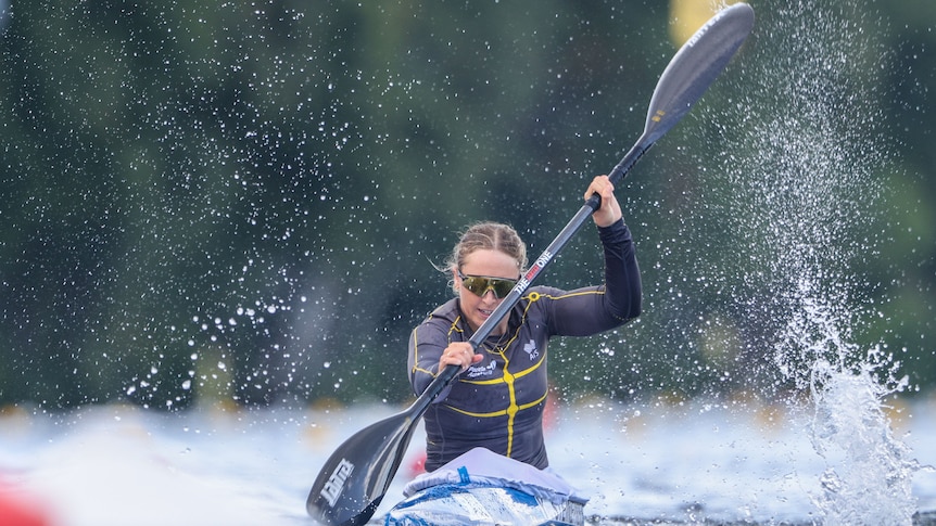 An Australian female kayaker competing at the world championships in Germany.