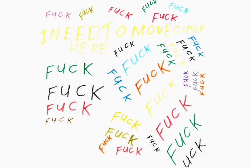 A letter with the word 'Fuck' written several dozen times in multiple-colours and the words 'I need to move out of here'.