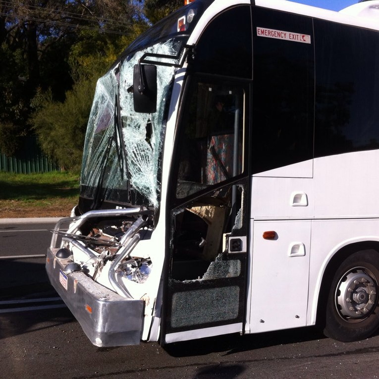 The front of a bus which crashed into a fire truck in Roleystone.