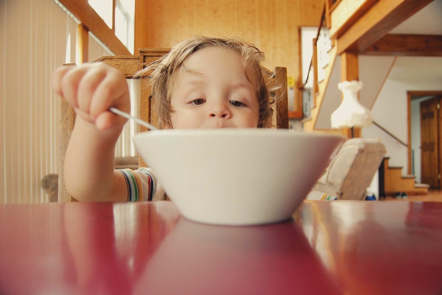 A stylised image of a child, face covered by a white bowl, holding a spoon a loft to depict picky eaters.
