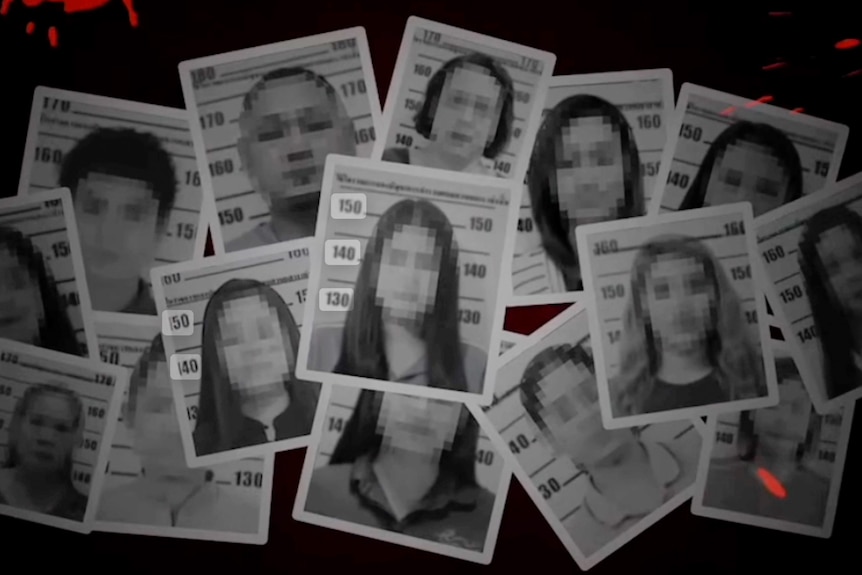 A police graphic of mugshots of Am Cyanide's alleged victims