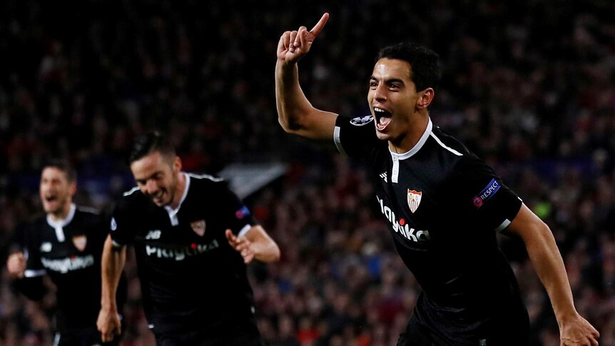 Sevilla’s Wissam Ben Yedder celebrates scoring a goal against Manchester United.