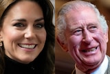 A composite image of Princess Kate of Wales and King Charles III, both smiling