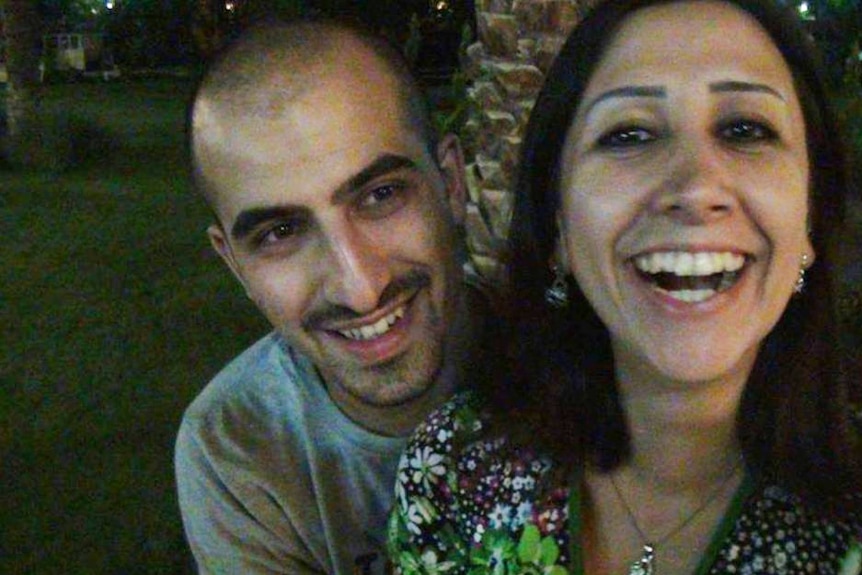 A dark photo shows Noura Ghazi and Bassel Safadi smiling.