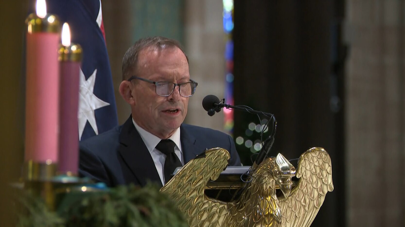 Former prime minister Tony Abbott delivers a eulogy at the state funeral for Kevin Andrews.