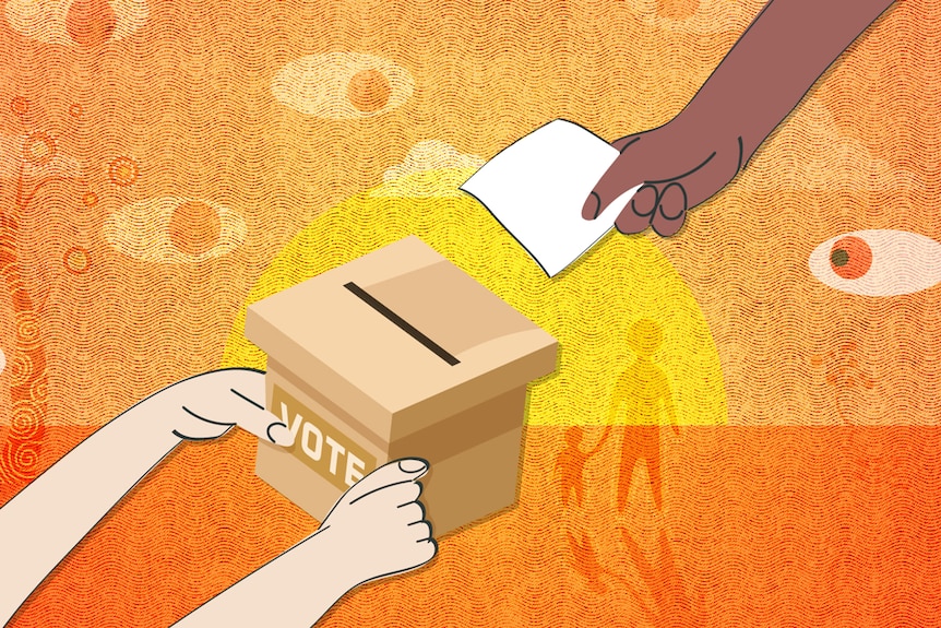 An illustration of a person's hand placing a ballot paper into a ballot box held by someone else's outstretched hands.
