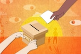 An illustration of a person's hand placing a ballot paper into a ballot box held by someone else's outstretched hands.