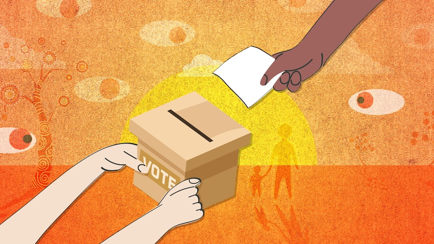 An illustration of a person's hand placing a ballot paper into a ballot box held by someone else's outstretched hands.