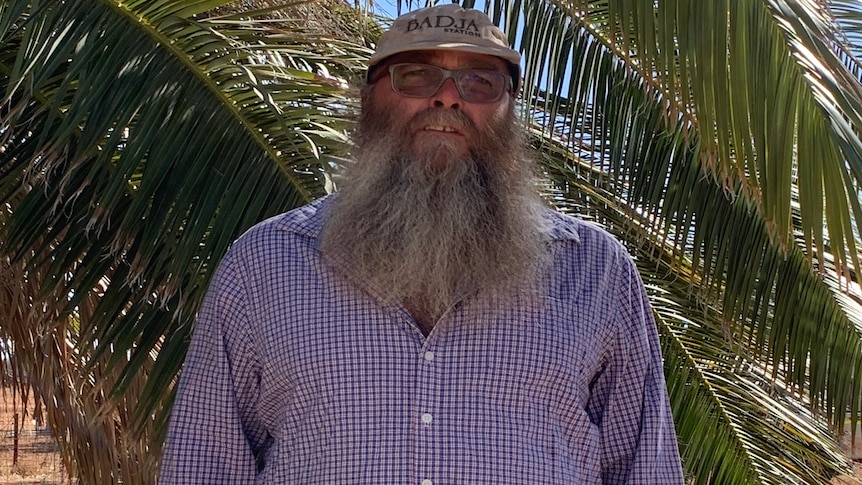 Man with a beard wearing a cap and a checked shirt standing in front of a palm tree