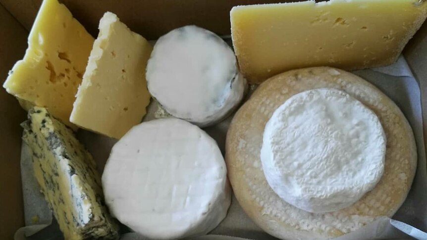 A box of artisan cheeses.