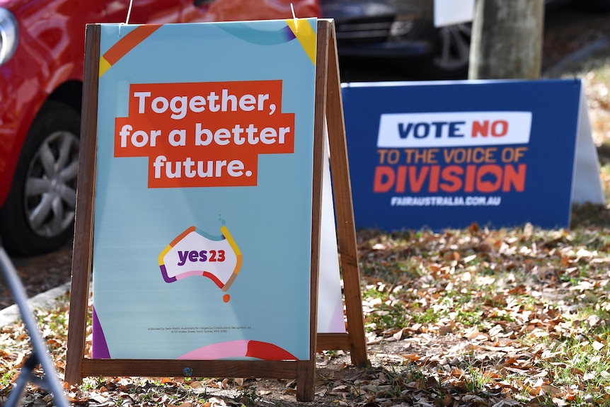 Signs for Yes and No seen at a voting centre in Brisbane.