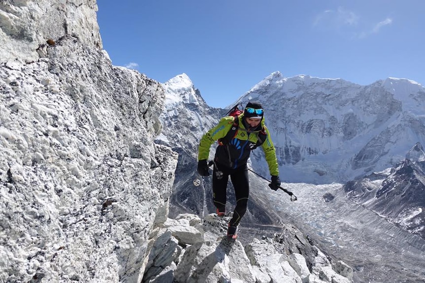 Ueli Steck walks along the ice and rocks in a training climb prior to his planned trip to Everest.