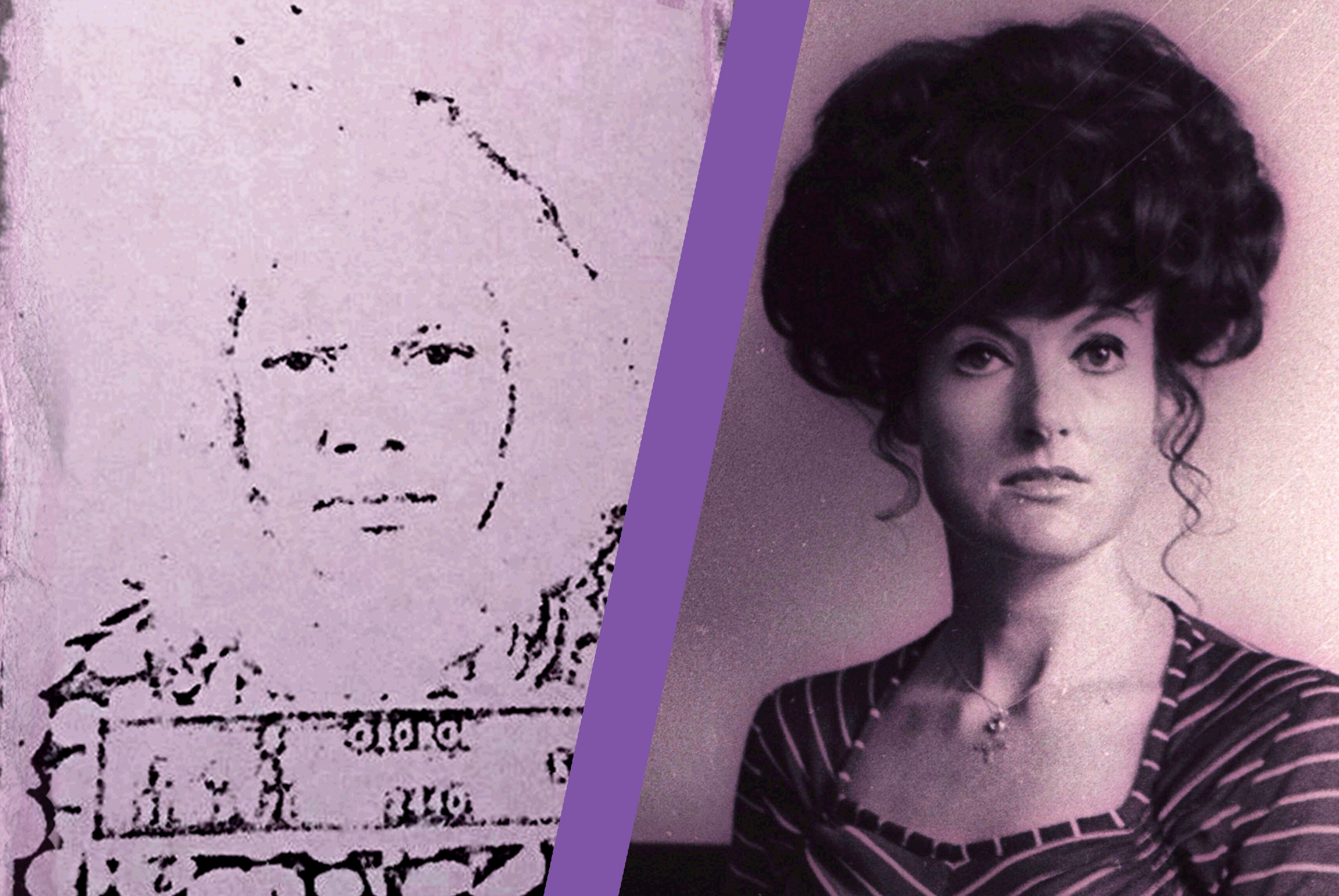 A colourised image of two black and white photos of the face of two women staring at the camera.