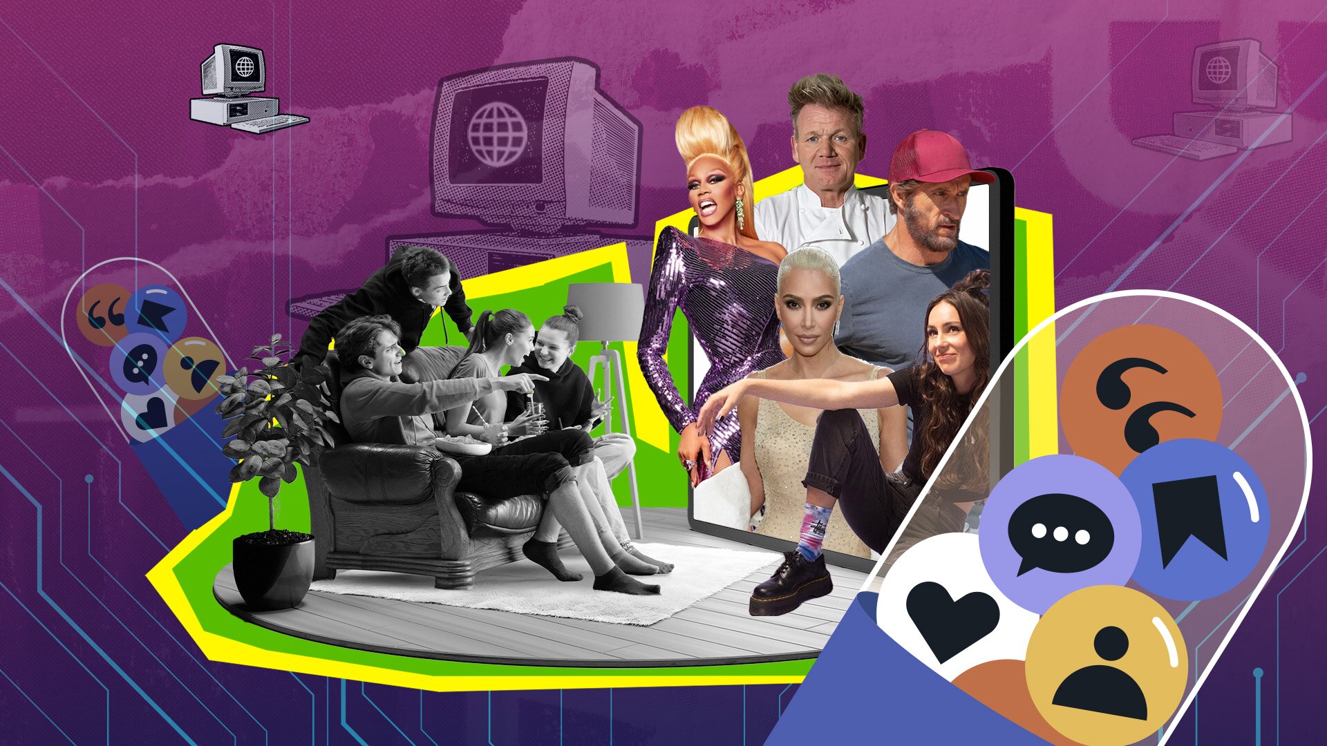 A collage of old computers, reality tv stars, a family sitting on a lounge room couch watching TV and social media icons.