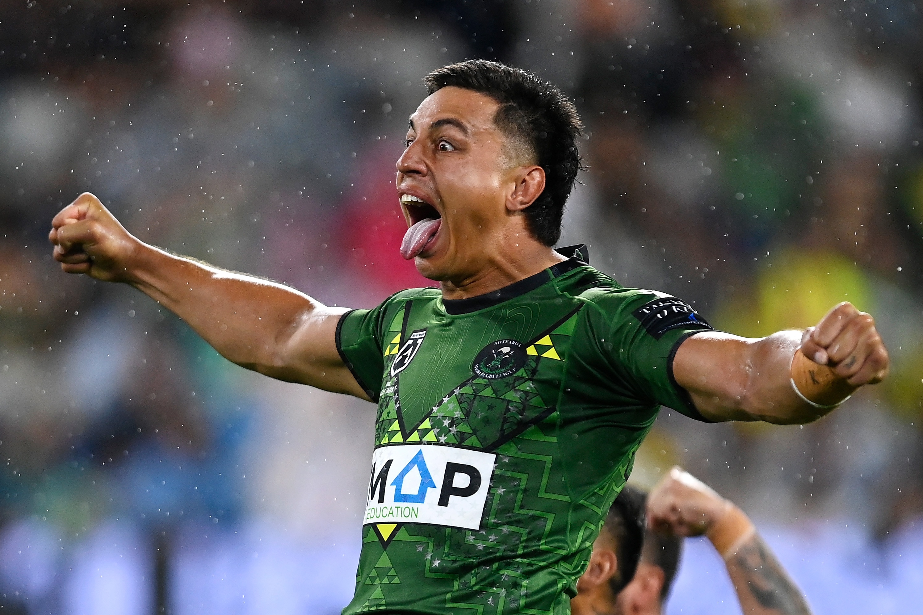 A man does a haka before a rugby league match