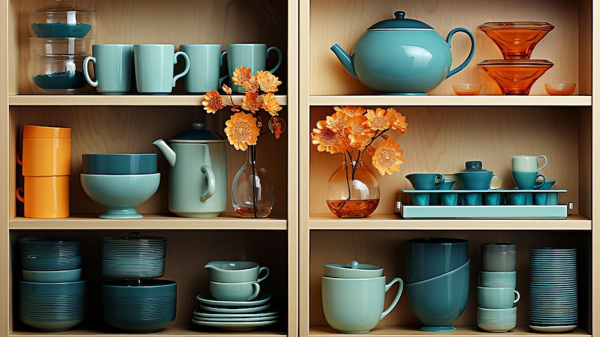 A cabinet neatly showcases a variety of blue and orange mugs, bowls, plates, glassware and vases.