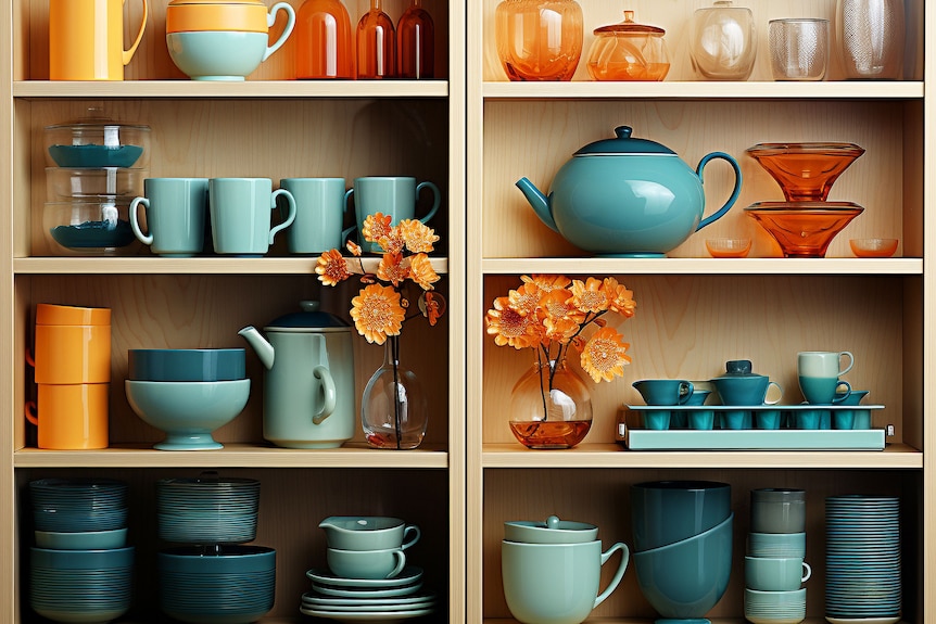 A cabinet neatly showcases a variety of blue and orange mugs, bowls, plates, glassware and vases.