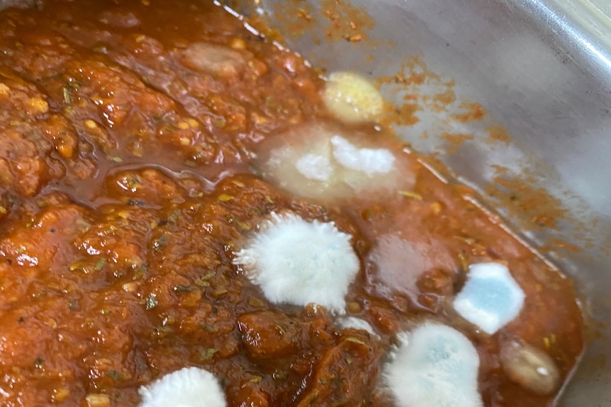 Red-brown coloured food in a tray with large white balls in it