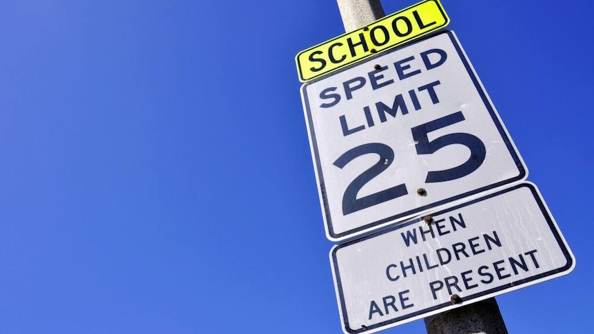 school speed limit sign against blue sky