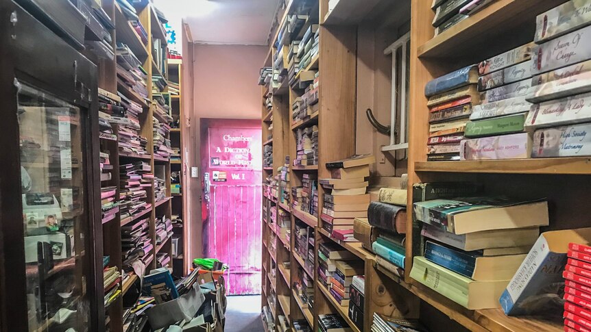 Bookshelves filled with books.