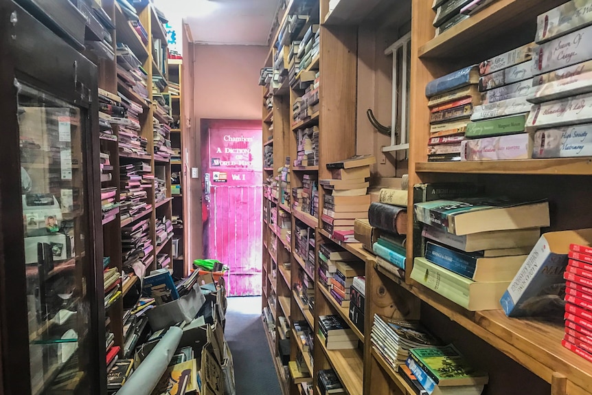 Bookshelves filled with books.