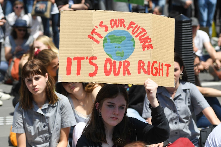 A student holds a sign reading "it's our future it's our right". She is sat down in front of several other students.