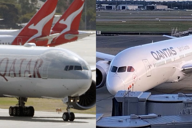A composite picture of Qatar Airways and Qantas airliners on the tarmac.