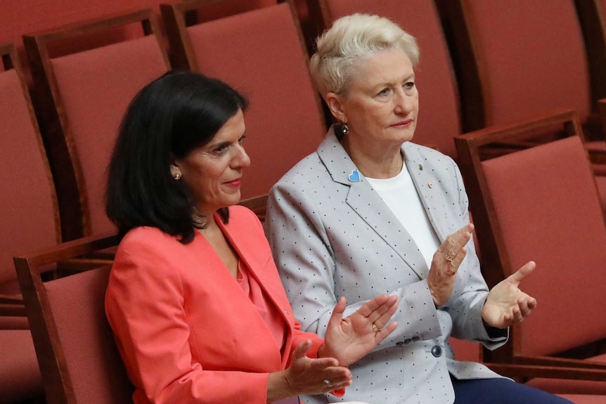 Two women sit on red chairs in the Senate. Kerryn Phelps parts her hands to clap while Julia Banks, smiling, does the same.