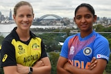 Two female cricketers stand with their arms folded, with Sydney Harbour in the background.