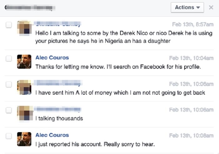 A Facebook messenger conversation between Alec Couros and a woman who was catfished using his photos.